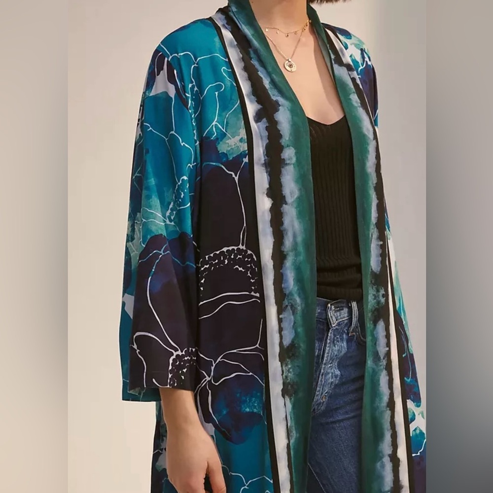 NWT Anthropologie Bl^nk London Rubina Watercolor Duster Kimono Boho Resort SZ OS - Picture 2 of 15